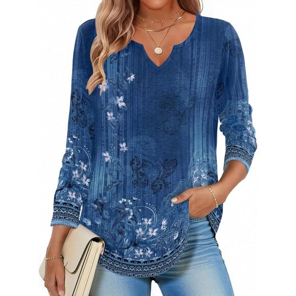 Tops - Long Sleeve Boho Top Women Fall V Neck Casual Dressy Blouse Large